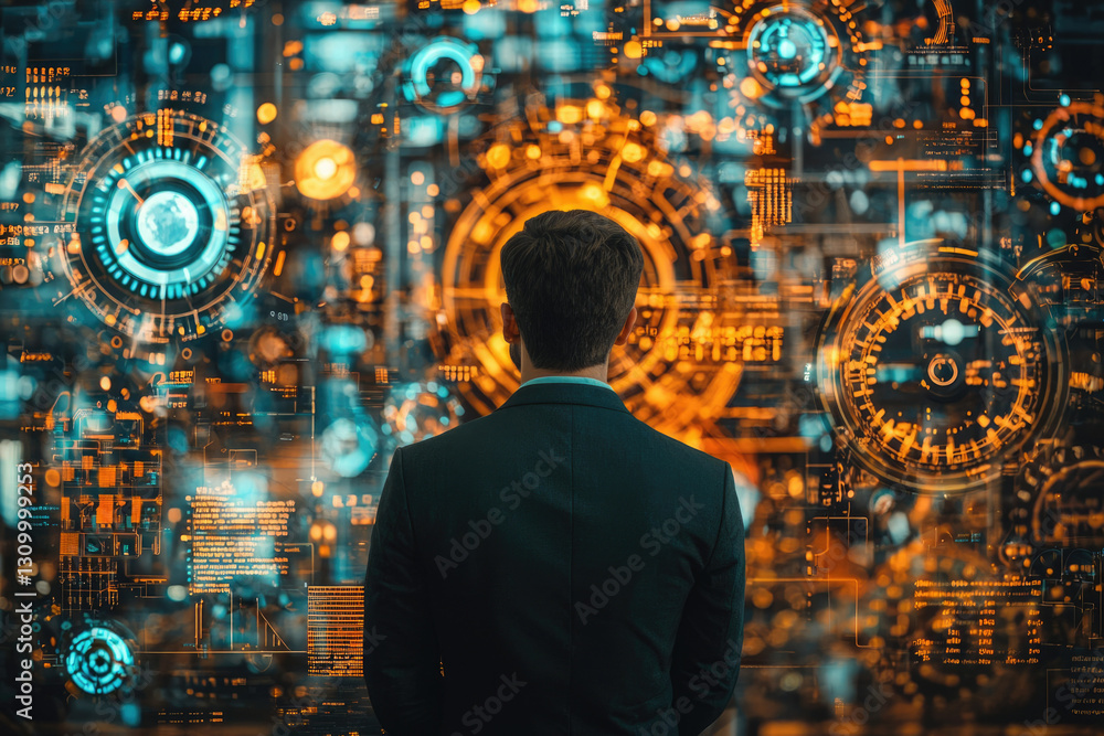 Poster a businessman stands before a futuristic holographic display showcasing complex data streams and dig