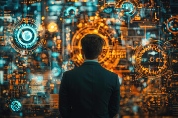 A businessman stands before a futuristic holographic display showcasing complex data streams and digital interfaces.