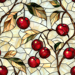 vibrant Art Deco stained glass design featuring red cherries and gold accents, with symmetrical patterns and intricate leaf details. elegant composition evokes sense of timeless beauty