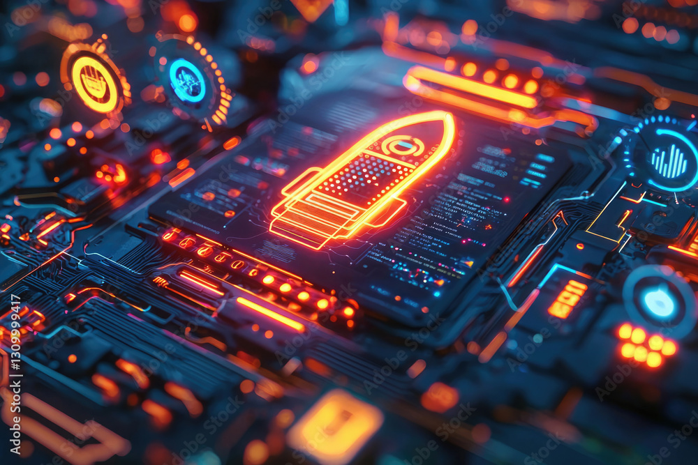 Poster Futuristic technology concept showcasing a rocket-shaped digital interface on a circuit board, representing innovation and progress.