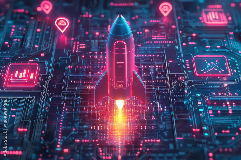 Poster a futuristic rocket launching from a circuit board, symbolizing technological innovation and rapid g