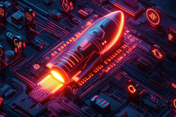 A futuristic rocket launching from a circuit board, symbolizing technological innovation and rapid advancement.