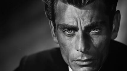 Intense black and white portrait of a man with striking features captured in low light