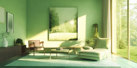 A green living room with furniture and large framed artwork