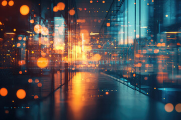 Abstract image depicting a modern cityscape with data visualizations overlaid, showcasing technological advancement and urban development.