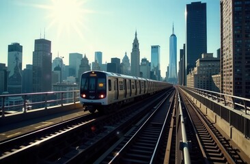 Fototapeta premium Urban train journey across cityscape with skyscraper skyline and sunrise