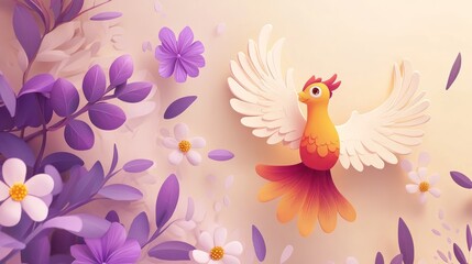Spring bird paper art; flowers background, greeting card