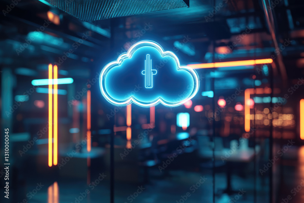 Poster Neon cloud computing symbol in a modern office setting, representing digital data storage and accessibility.