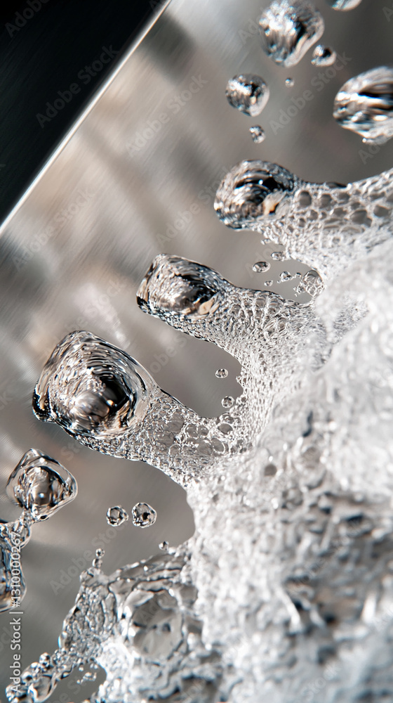 Poster Close-up of water bubbles on metallic surface, creating a textured, dynamic appearance, symbolizing purity, freshness, and fluidity, ideal for clean or technology concepts