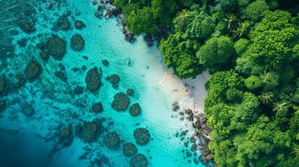 Obraz premium Beautiful tropical beach surrounded by lush greenery and clear turquoise water in a remote location