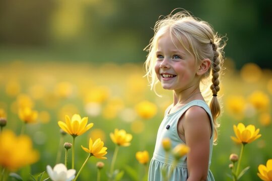 Petite blonde fillette dans un champ de fleurs sauvages, nature, fleurs