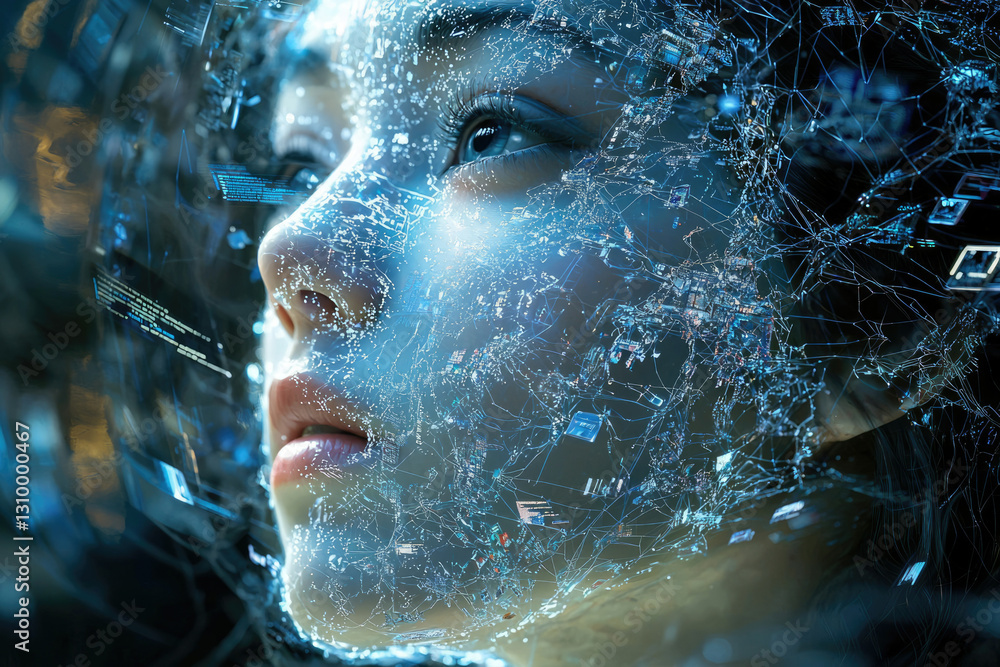 Poster a woman's face merges with a digital network, symbolizing technological integration and the merging 