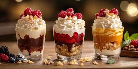 Delightful dessert cups featuring raspberry, chocolate, and pumpkin flavors served at a cozy cafe during evening hours