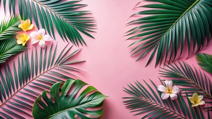 A vibrant tropical arrangement of palm leaves and delicate flowers on a soft pink background, creating a serene and elegant summer motif.