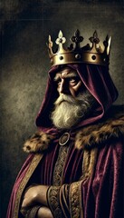 The Forsaken King: A Melancholic Monarch in a Purple Hood and Golden Crown, Styled in Vintage Fantasy Pulp Art