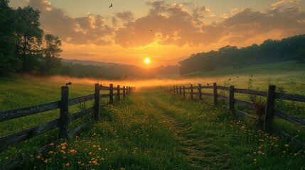 Obraz premium Serene sunrise over misty field, wooden fence.