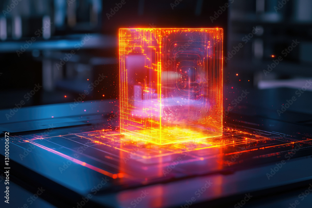 Poster a glowing cube, representing data processing and digital transformation, sits on a futuristic circui