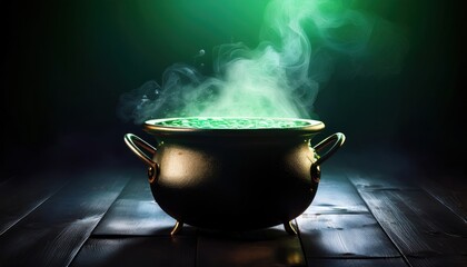A cauldron fills the air with swirling green mist, radiating magical energy and curiosity.
