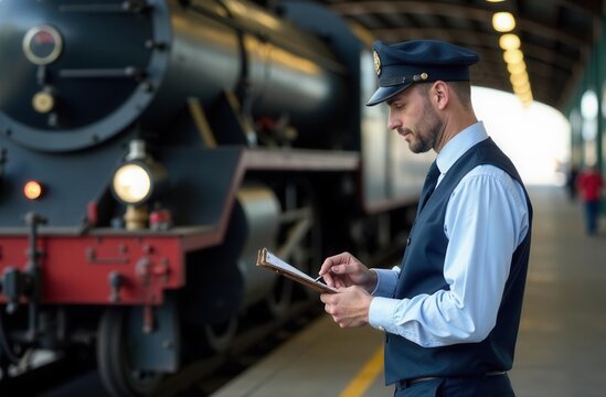 Train conductor on platform managing rail operations with digital tablet