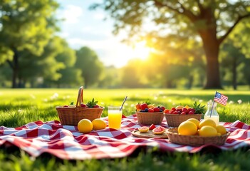 Picnic with a basket of fruit and a bottle of juice