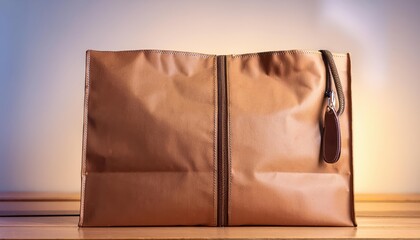 Brown Paper Bag with Zipper Vintage Charm in a Minimalist Setting, Conveying a Sense of Mystery and Anticipation