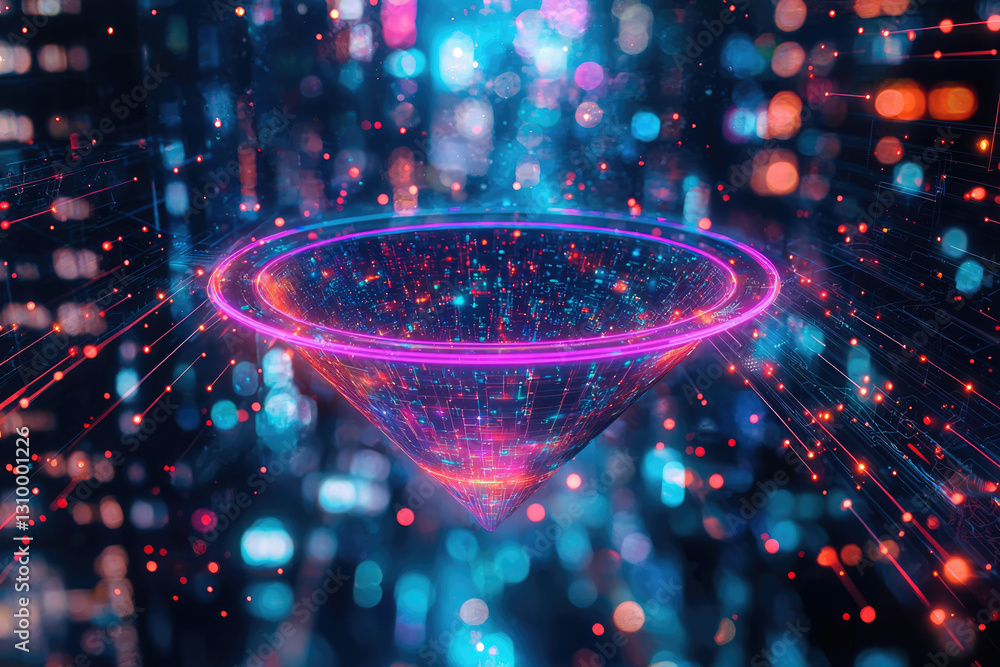 Poster abstract digital funnel depicting data convergence, glowing with vibrant colors in a futuristic city