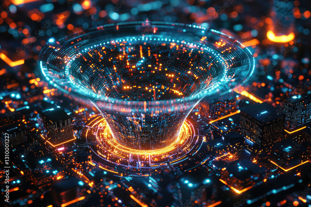 Poster a swirling vortex of data, digital energy flows through a futuristic circuit board, representing tec
