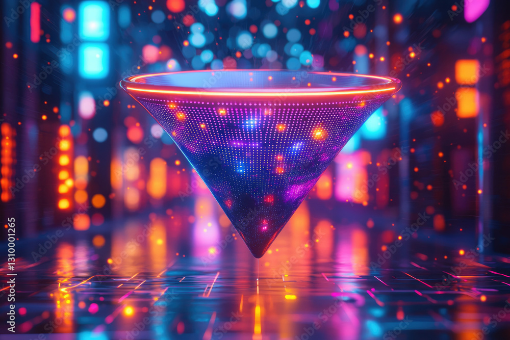 Poster a vibrant, futuristic cone-shaped structure glows with led lights against a bokeh backdrop of neon c