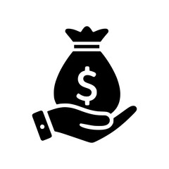 Hand holding money bag icon in solid black representing wealth and finance