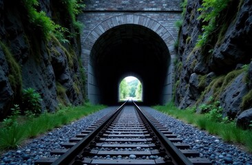 Railway tunnel perspective with lush greenery and stonework architecture