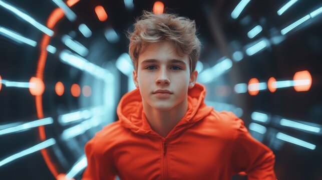 Action shot young athlete racing through neon tunnel environment