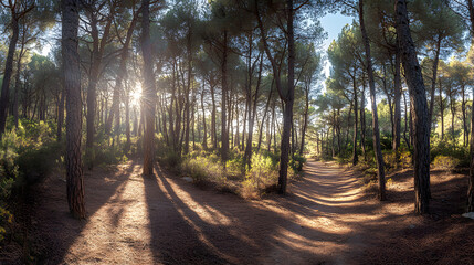 Obraz premium Beautiful forest with tall trees and sunlight shining through the foliage, creating an enchanting natural landscape 