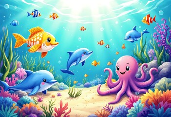 Obraz premium Cartoonish scene of fish, dolphins, and an octopus