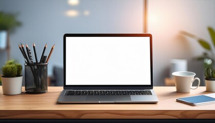Fototapeta premium Modern Office Scene Closeup of Laptop Mockup and Stationery on Wooden Desk, Showcasing Minimalist Elegance with Warm Tones in a Contemporary Workspace.