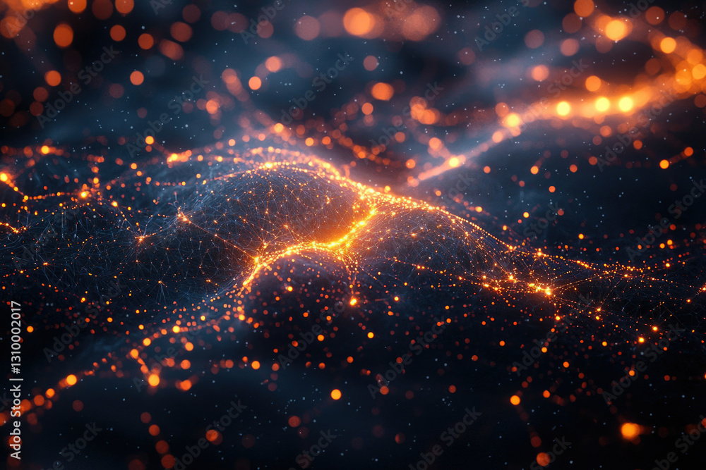 Aufkleber Abstract digital landscape with glowing particles and interconnected nodes, representing data flow or neural network.