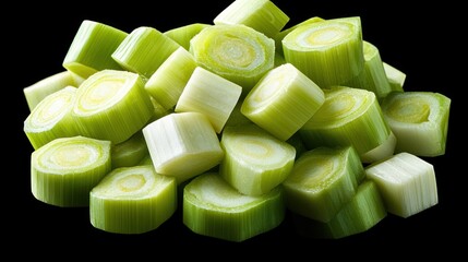 Chopped leeks, studio shot, black background, recipe ingredient