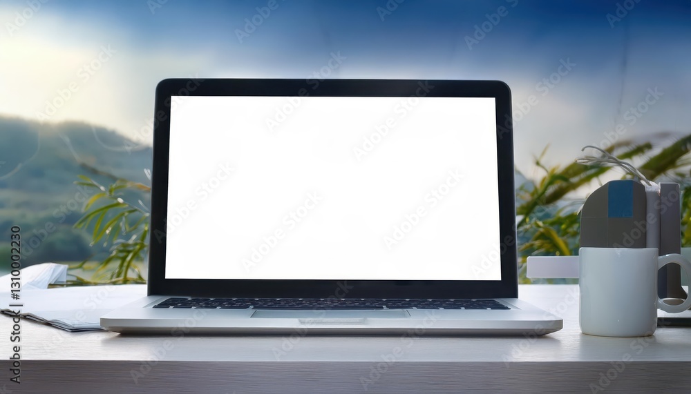 Poster sleek and minimalistic computer arrangement against a pure white background a modern workspace await