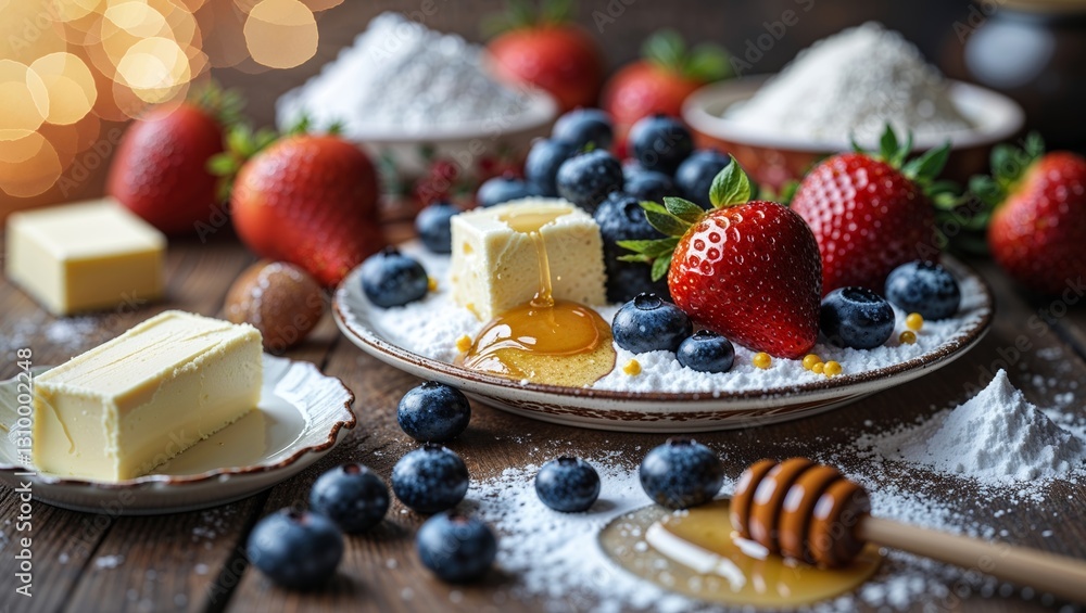 Poster delicious assortment of berries, honey, and butter on a rustic wooden table with soft bokeh backgrou