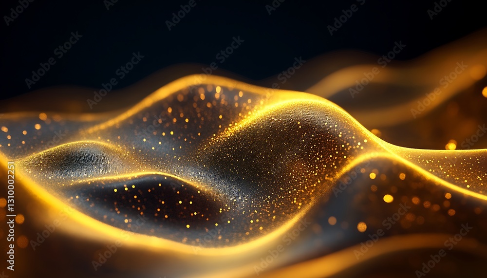 Poster golden flowing waves with sparkling particles and dark background