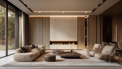 Modern, spacious living room with fireplace, beige tones, and natural light. Large windows overlooking a garden.