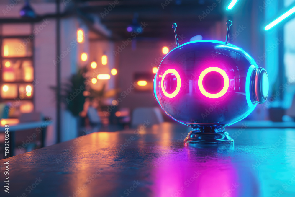 Poster a futuristic, glowing robot sits on a table in a dimly lit modern setting.