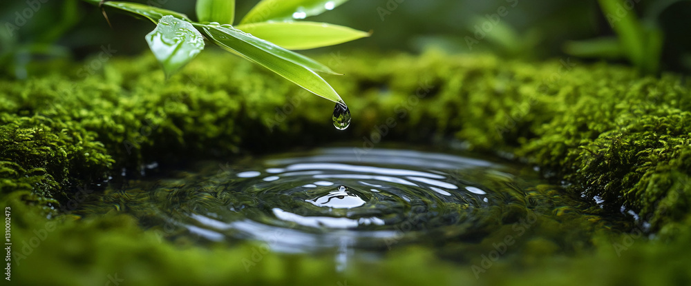 Aufkleber water drop falling from green leaf onto moss-covered surface, creating concentric ripples in a small