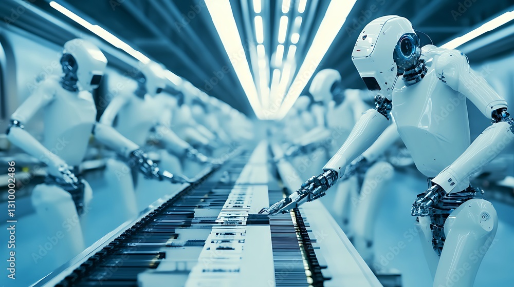 Poster a futuristic factory with robotic arms and automated production lines