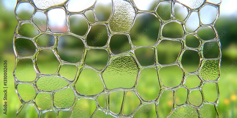 Poster nature view through textured glass window with abstract cell structure