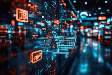 Digital shopping cart superimposed on a blurred retail background, illustrating the concept of online retail and digital transformation.
