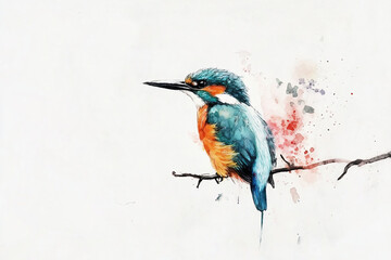 Colorful Watercolor Illustration of a Kingfisher Bird Perched on a Branch

