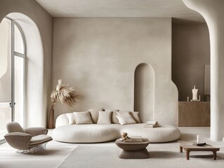 An elegantly designed living room with neutral color palette furniture