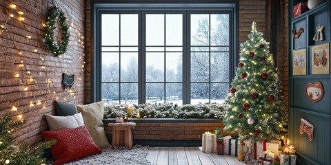 A cozy room decorated for the holidays near the window