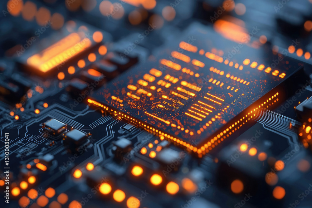Poster close-up of a microchip on a circuit board, glowing orange, showcasing intricate technological detai