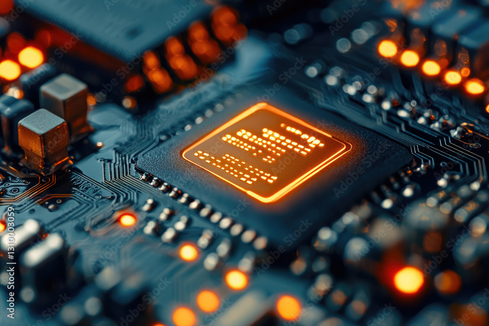 Aufkleber close-up of a computer circuit board showcasing a glowing central processing unit, highlighting tech